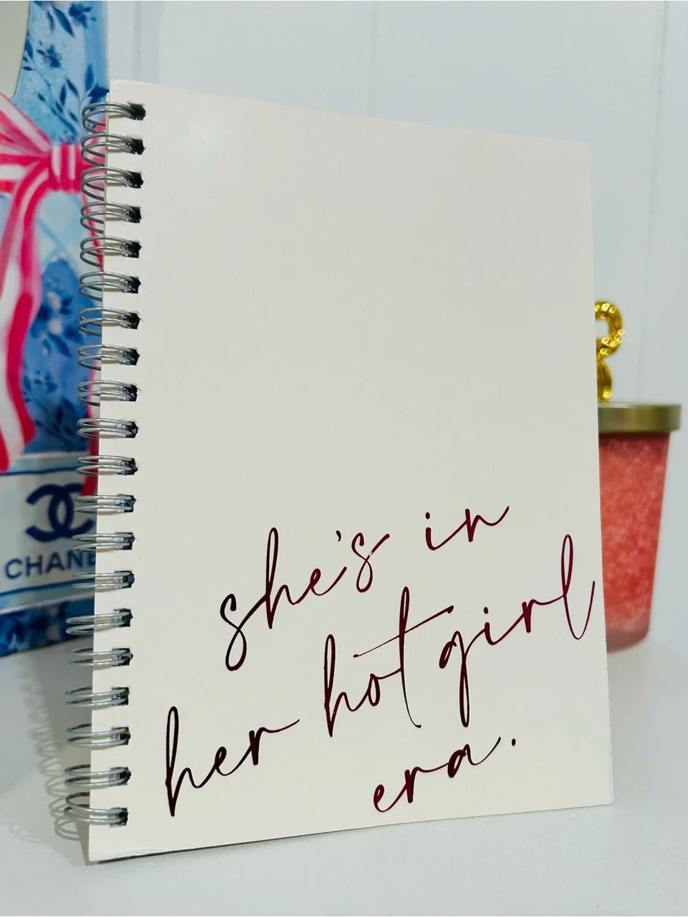 Spiral Notebook with Script Cover - White and Foiled Hot Pink
